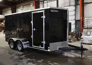 front view of tandem axle black trailer