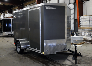 front of grey single axle trailer