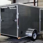 Closed rear of single axle trailer in gray