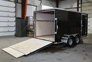 open rear of black tandem axle trailer