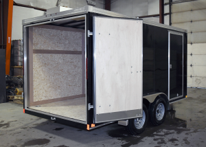 rear view of black 7' x 14' Tandem Axle trailer