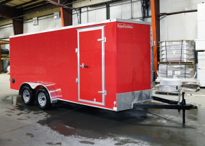 front of red trailer