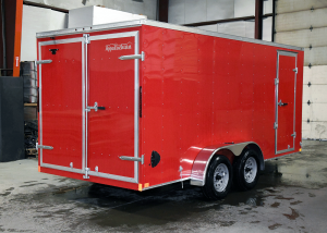 Back end of red standard duty trailer