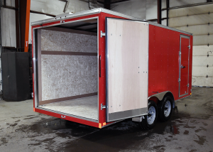 open rear of red tandem axle standard duty trailer