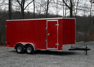 Side of Red Loaded Car Trailer